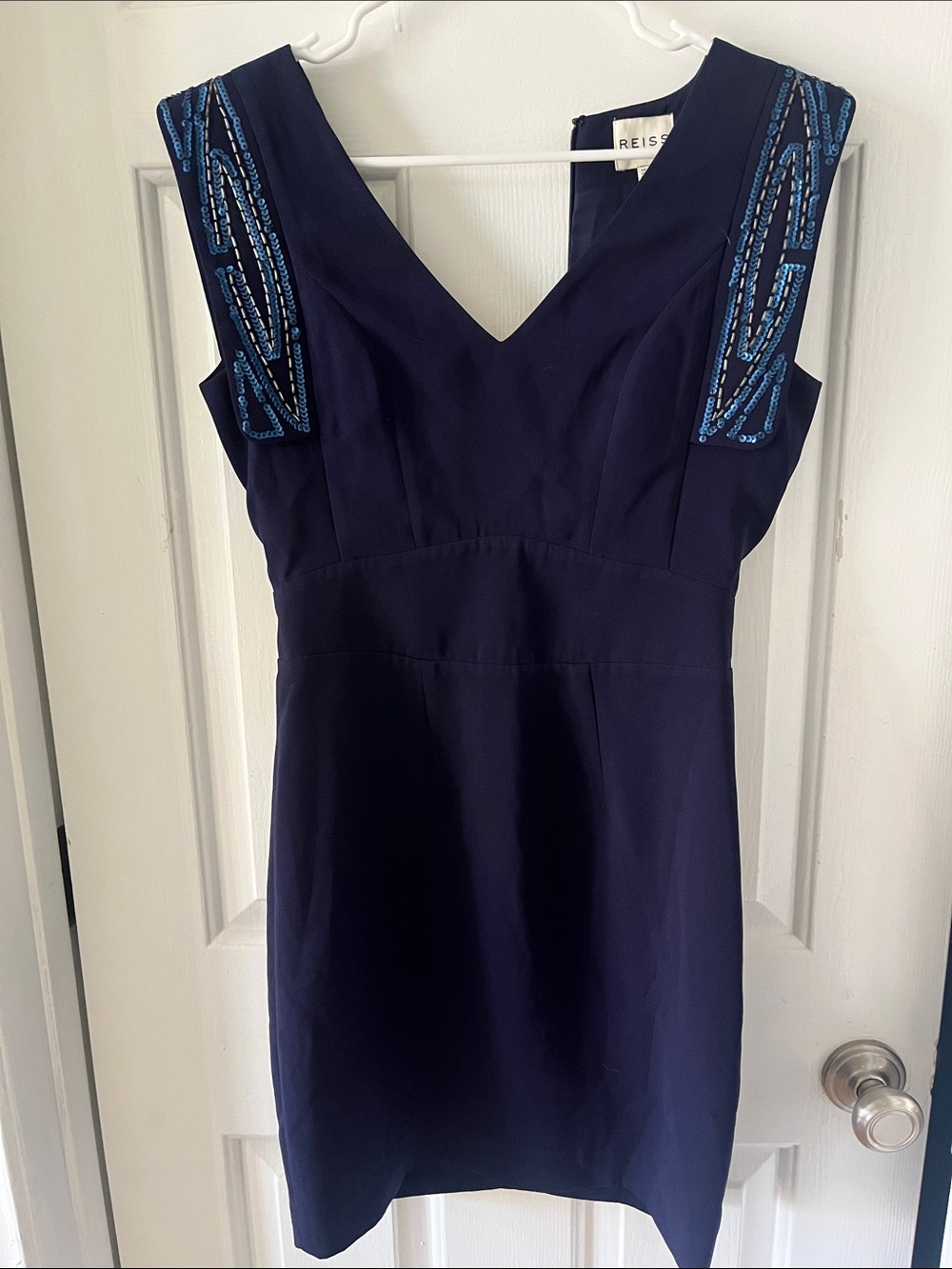 Reiss Navy Mini Dress with Blue Beaded Shoulder Panels